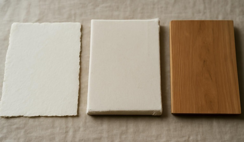 Samples of paper, canvas, and wooden panel