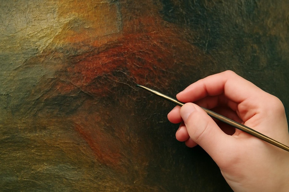 Close view of brushwork and craquelure