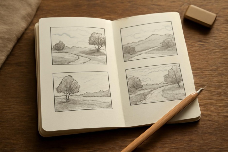 Sketchbook thumbnails of compositions