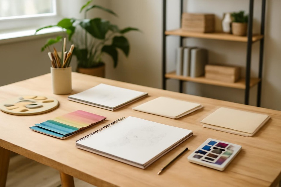 Abstract art desk with color swatches, brush marks, and sketchbook studies.